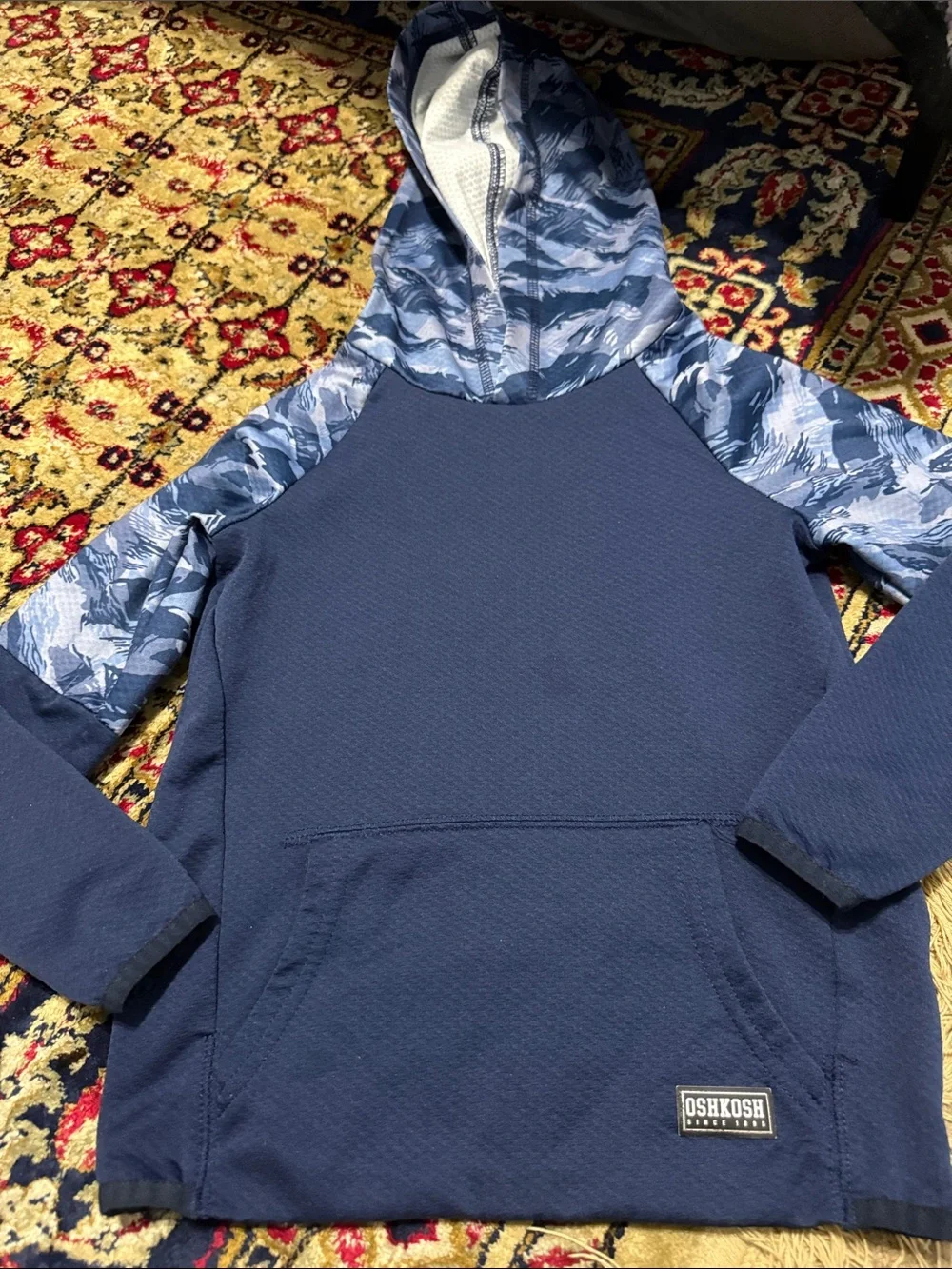 OshKosh B'gosh Navy Hoodie with Blue Patterned Sleeves
